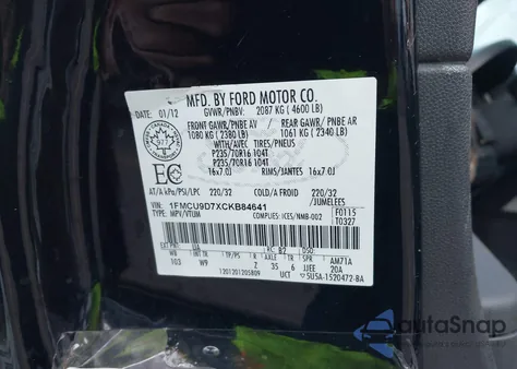 2012 Ford Escape Xlt from USA, damaged, VIN 1FMCU9D7XCKB84641